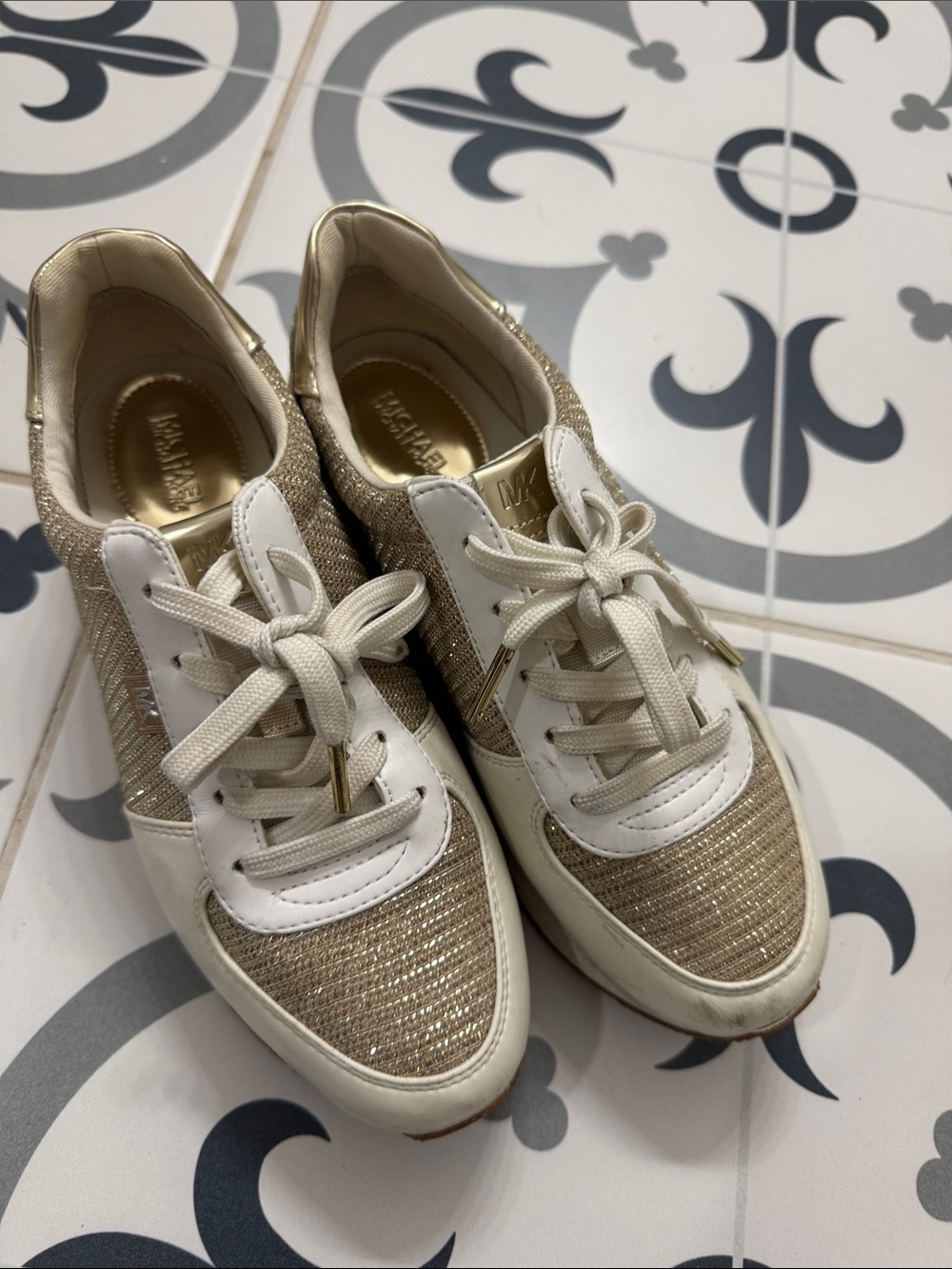 Michael Kors White and Gold Knit Lace-Up Sneakers